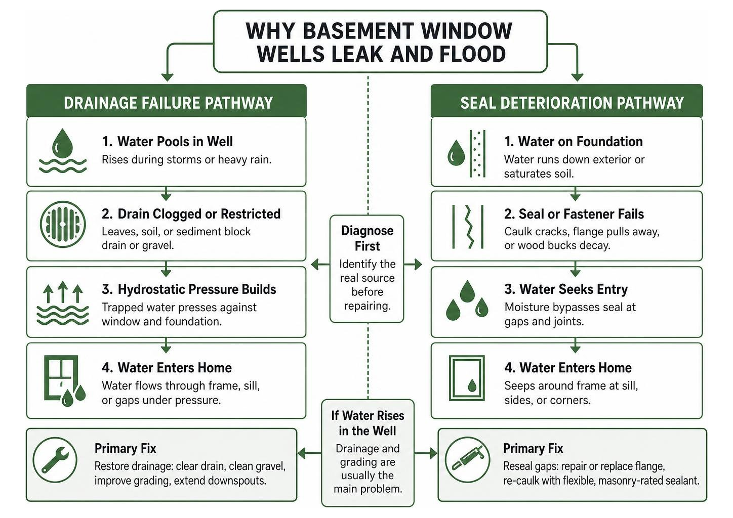 Diagram showing drainage failure versus window seal deterioration pathways