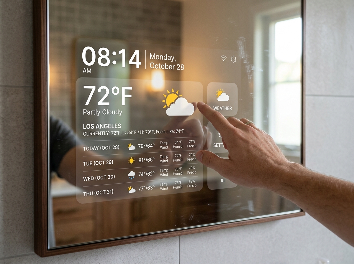 Close-up of a touchscreen interface on a smart mirror glass showing weather and time - Smart mirror for home