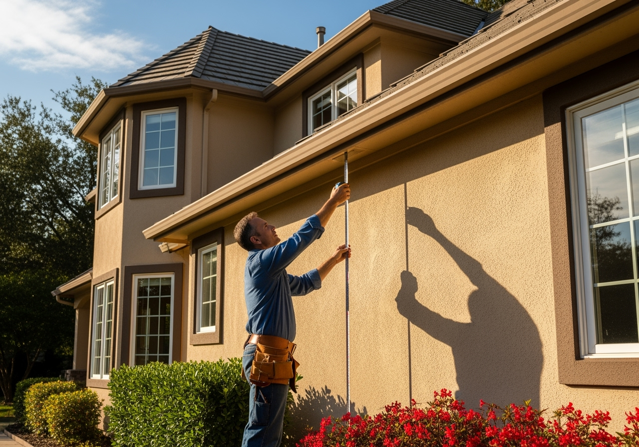 A contractor measuring an exterior wall - siding installation replacement A contractor measuring an exterior wall - siding installation replacement