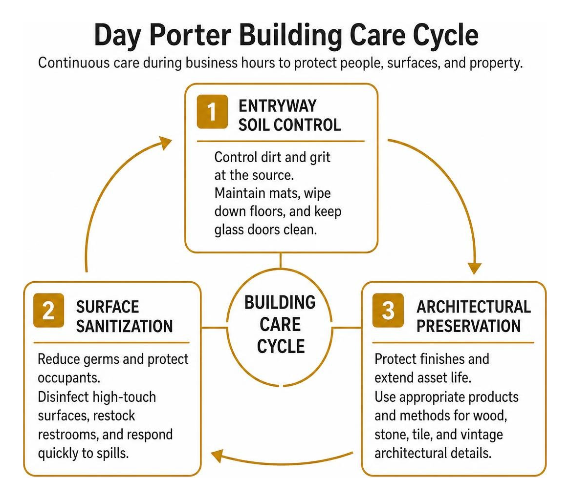 Day porter building care cycle: entryway soil control, surface sanitization, and architectural preservation Day porter building care cycle: entryway soil control, surface sanitization, and architectural preservation