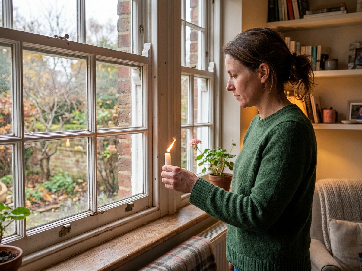 using a candle to test for air leaks around a sash window frame - draft strips for sash windows