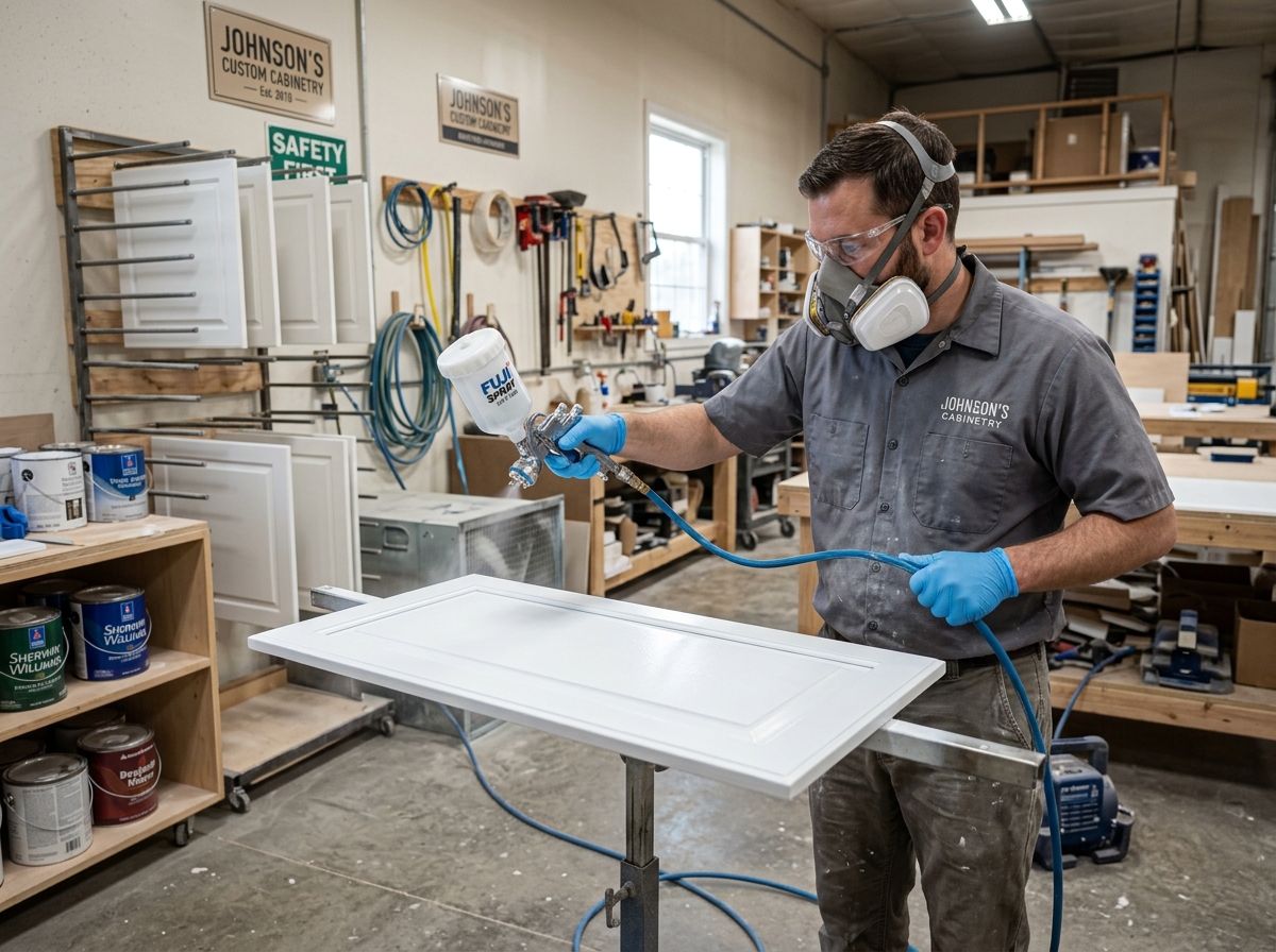 Professional painter using a high-quality spray gun on cabinet doors - cabinet resurfacing Professional painter using a high-quality spray gun on cabinet doors - cabinet resurfacing