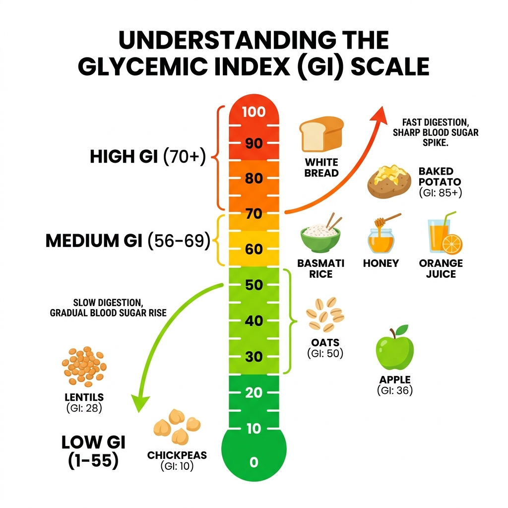 Infographic showing the 0-100 Glycemic Index scale with low, medium, and high GI food examples - low glycemic index carbs Infographic showing the 0-100 Glycemic Index scale with low, medium, and high GI food examples - low glycemic index carbs