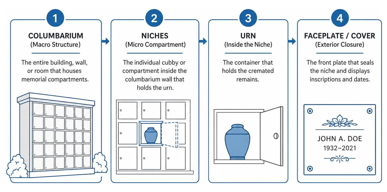 Comparison process showing the macro structure of a columbarium down to an individual niche compartment