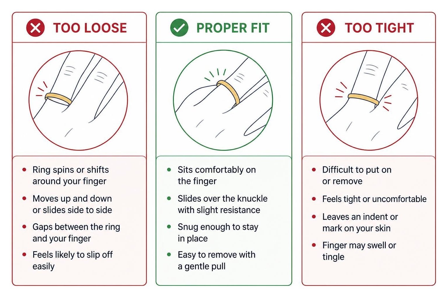 Signs a ring is too loose or tight versus proper fit