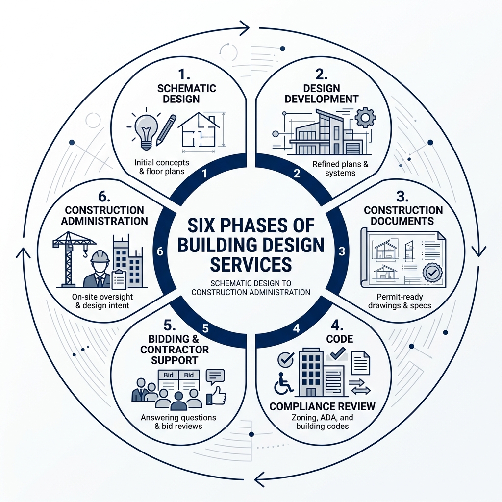 Infographic showing the six phases of building design services from schematic design to construction administration