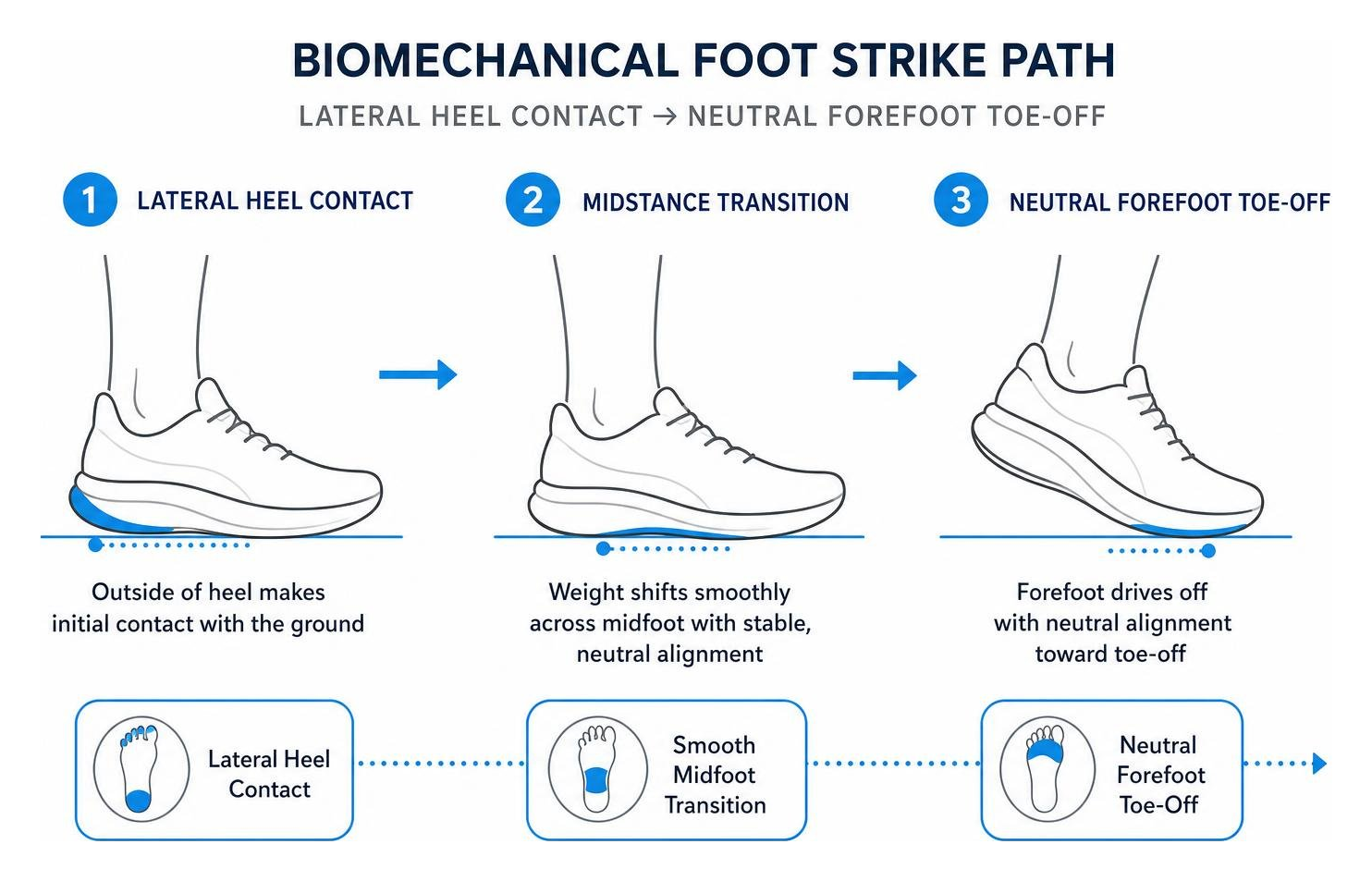 Biomechanical foot strike path showing lateral heel contact transitioning smoothly to neutral forefoot toe-off Biomechanical foot strike path showing lateral heel contact transitioning smoothly to neutral forefoot toe-off