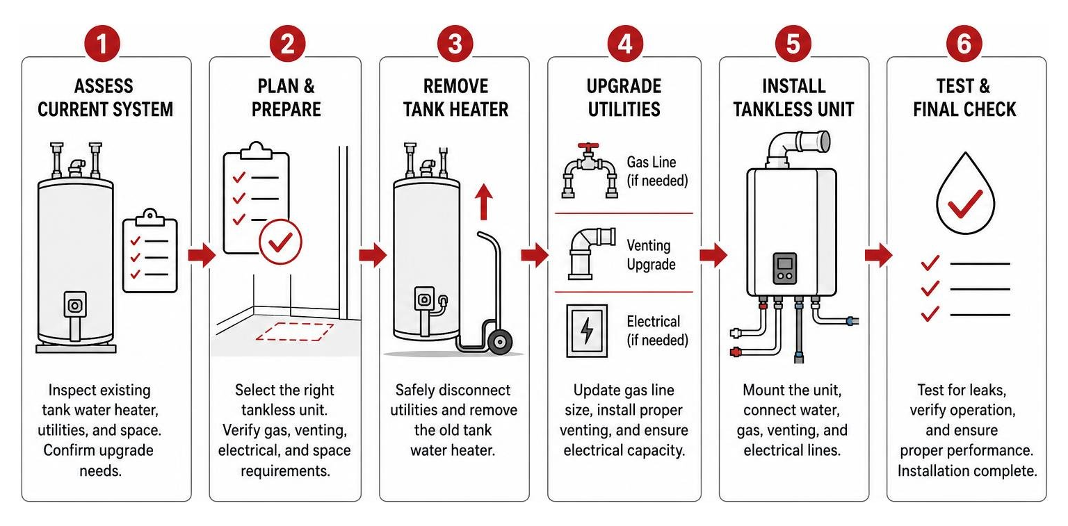 Diagram showing the step-by-step process of transitioning from a traditional tank water heater to an on-demand tankless