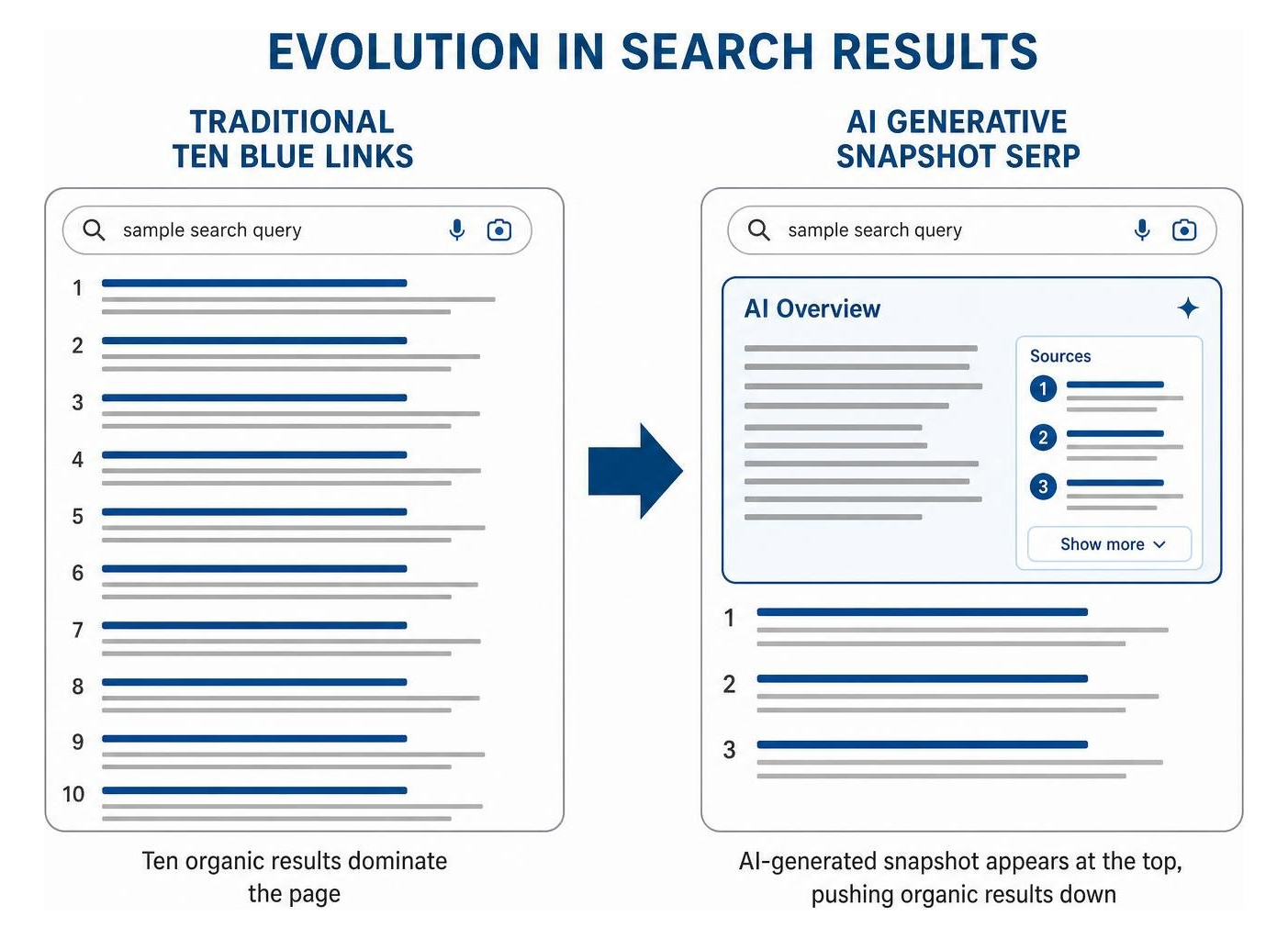 Evolution from traditional ten blue links to AI generative snapshot SERP