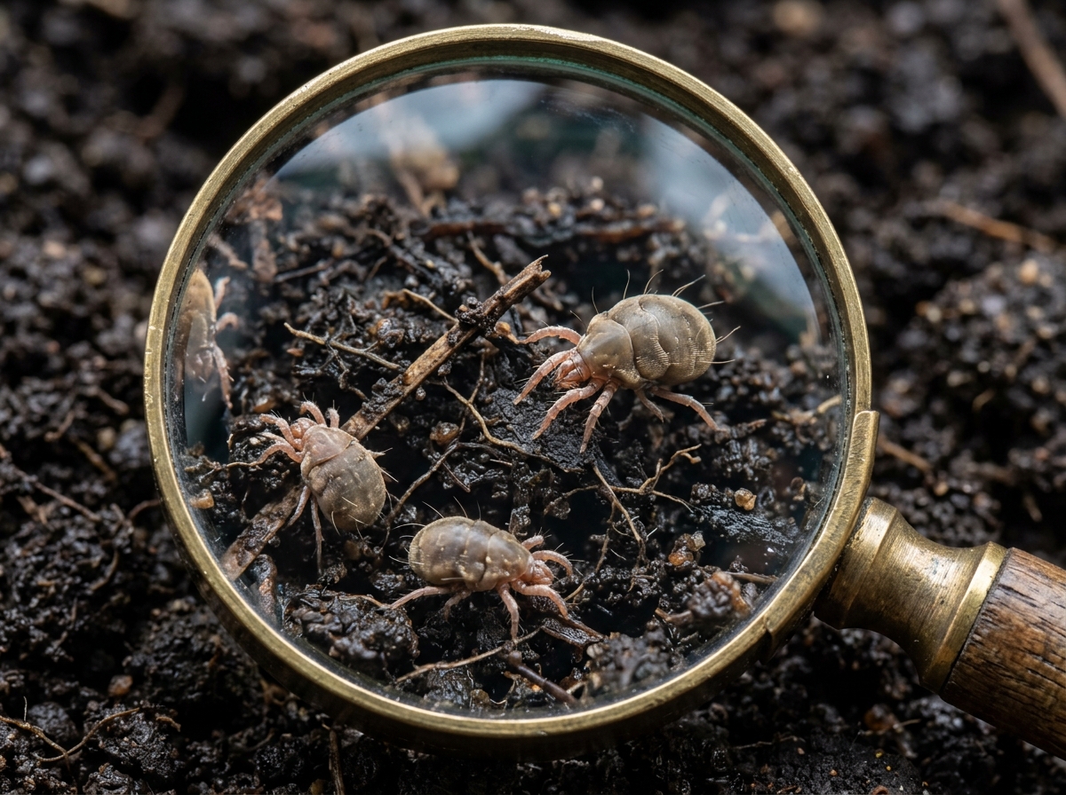 soil mites under a magnifying glass showing 8 legs and round bodies - soil mites