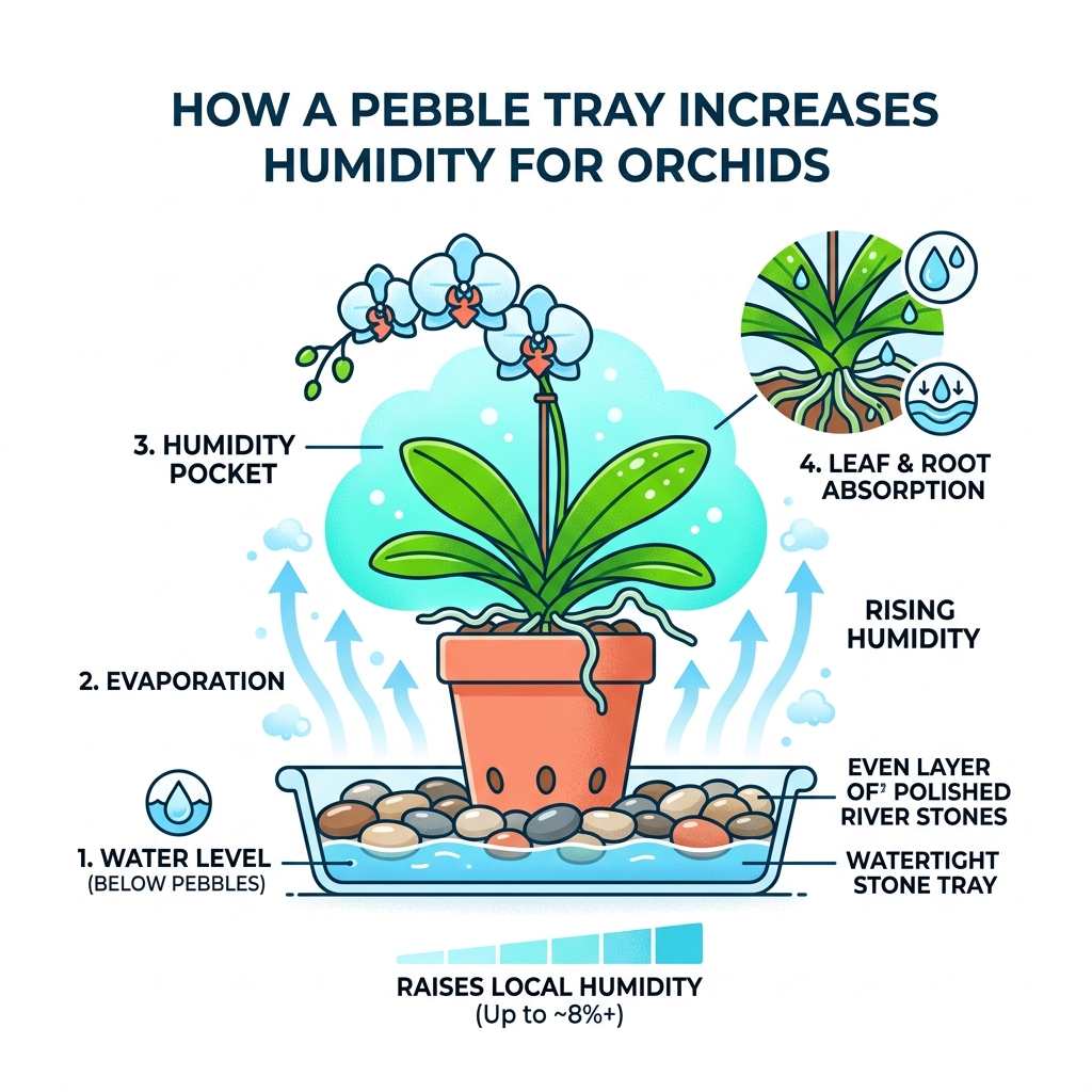 Infographic showing evaporation process from water in pebble tray rising as humidity to orchid leaves above - pebble tray Infographic showing evaporation process from water in pebble tray rising as humidity to orchid leaves above - pebble tray