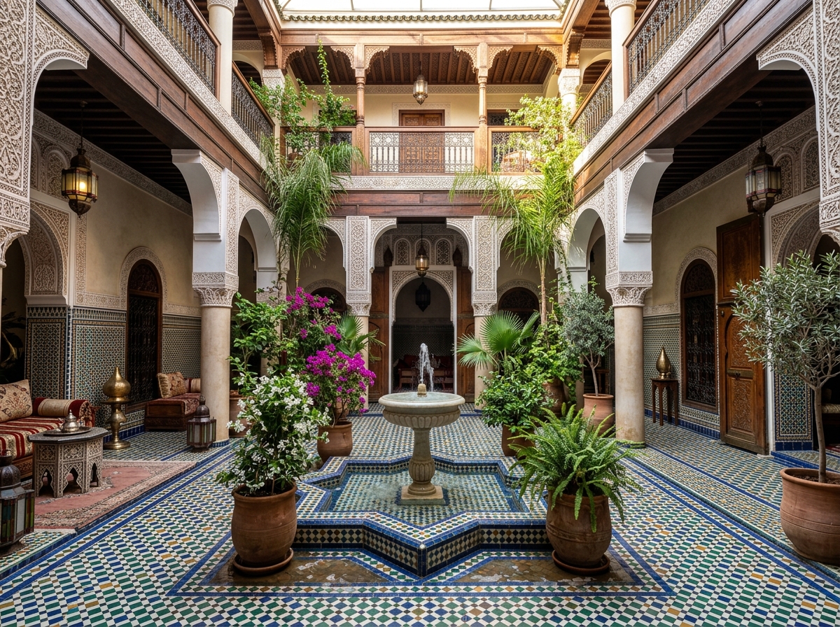 A traditional Moroccan riad courtyard with intricate tilework and a central fountain - authentic solo immersion spots