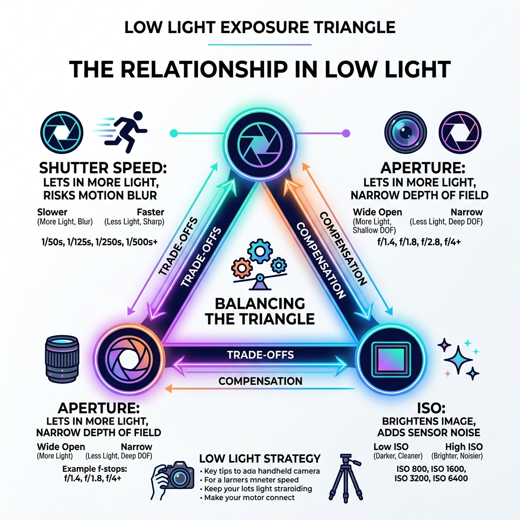 Infographic showing exposure triangle relationship between shutter speed, aperture, and ISO in low light - low light shutter Infographic showing exposure triangle relationship between shutter speed, aperture, and ISO in low light - low light shutter