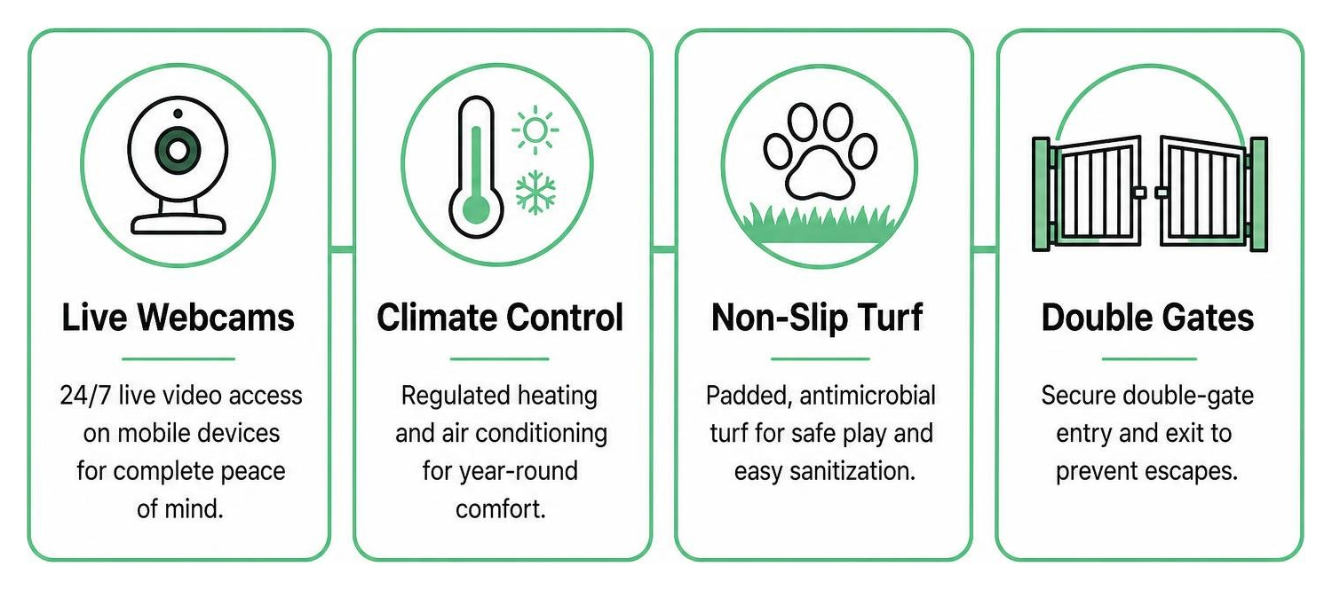 Diagram showing key facility amenities: live webcams, climate control, non-slip turf, double gates Diagram showing key facility amenities: live webcams, climate control, non-slip turf, double gates