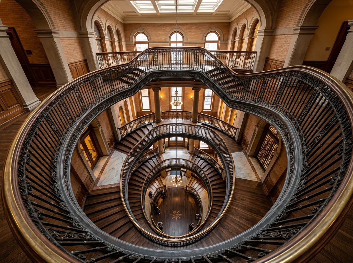 A breathtaking view looking down a spiral staircase where the railing creates a continuous leading line - examples of