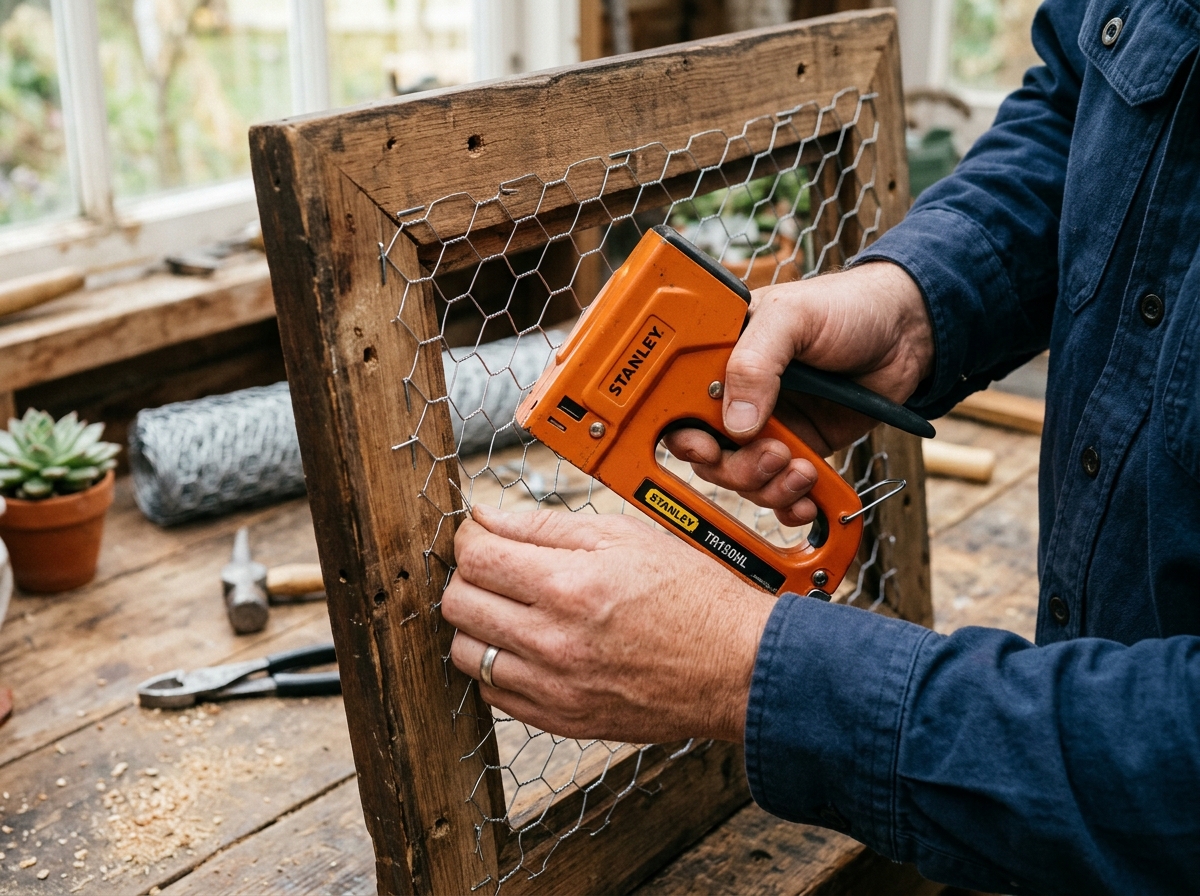 Installing chicken wire and mesh for a vertical planter - vertical succulent garden diy