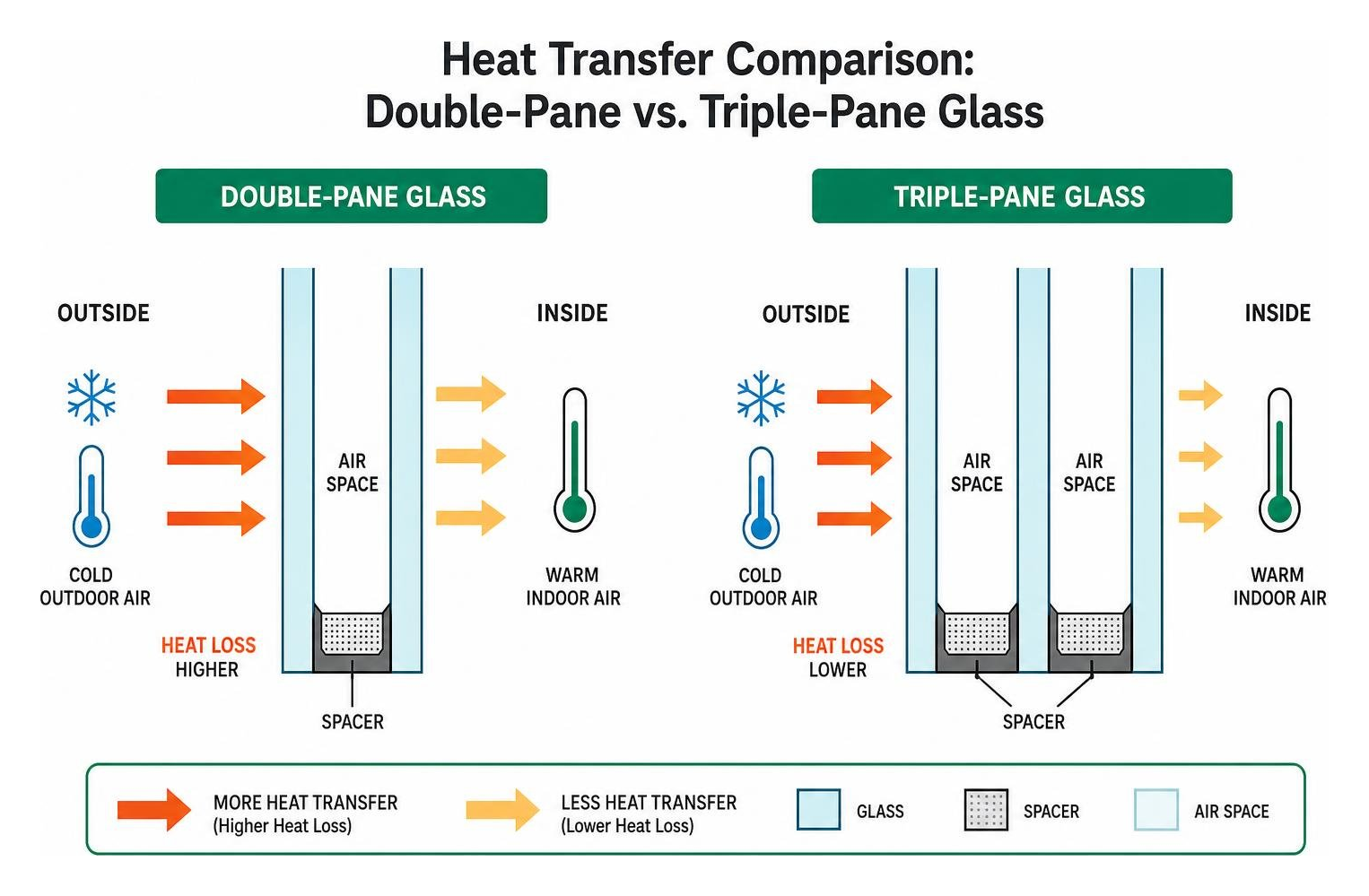 Diagram showing heat transfer comparison between double-pane and triple-pane glass