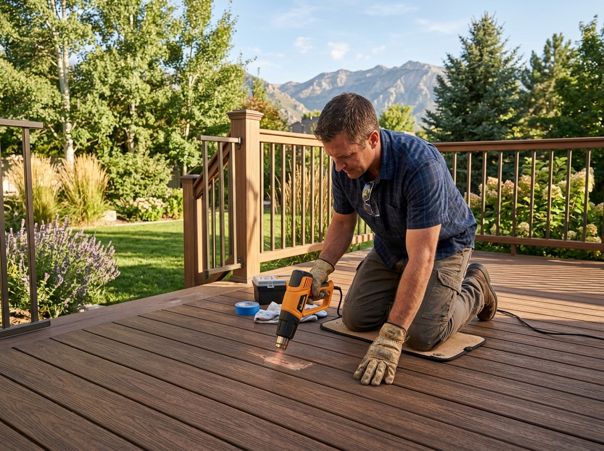 homeowner carefully using a heat gun on a brown capped composite deck board in the afternoon sun - scratches on composite