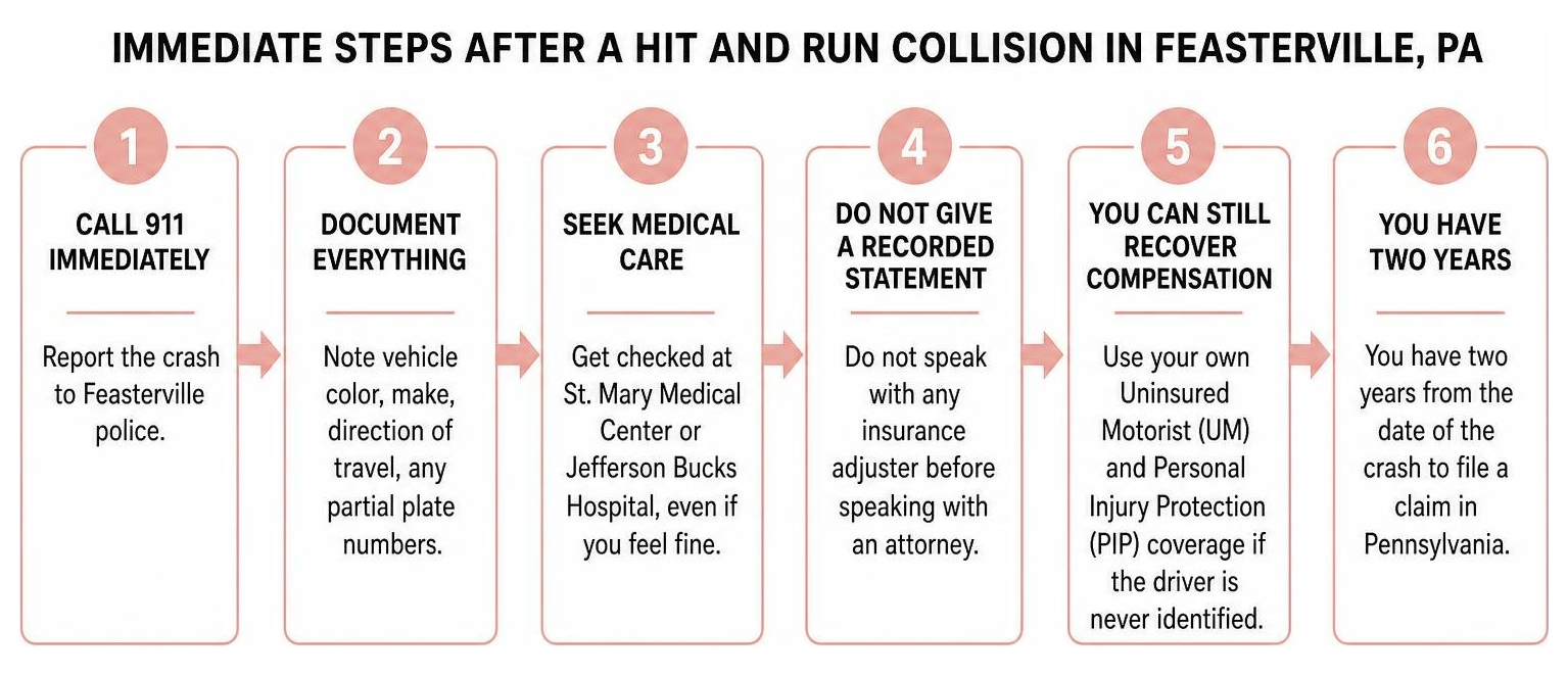 Infographic showing immediate steps after a hit and run collision in Feasterville PA Infographic showing immediate steps after a hit and run collision in Feasterville PA