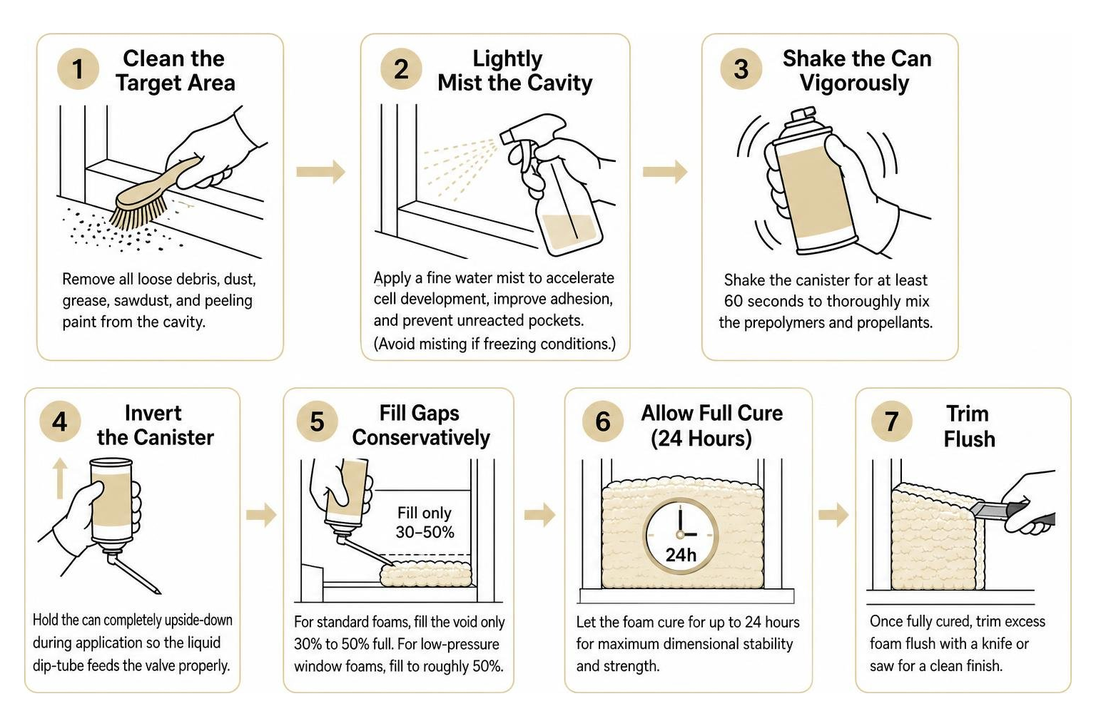 Step by step sequence for applying aerosol spray foam