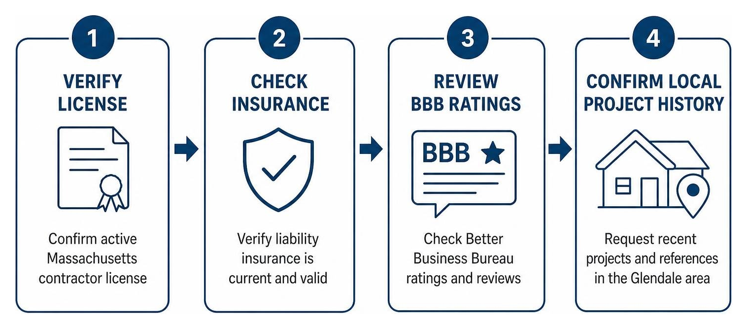 Step-by-step contractor vetting workflow: verifying license, insurance coverage, BBB ratings, and local project history