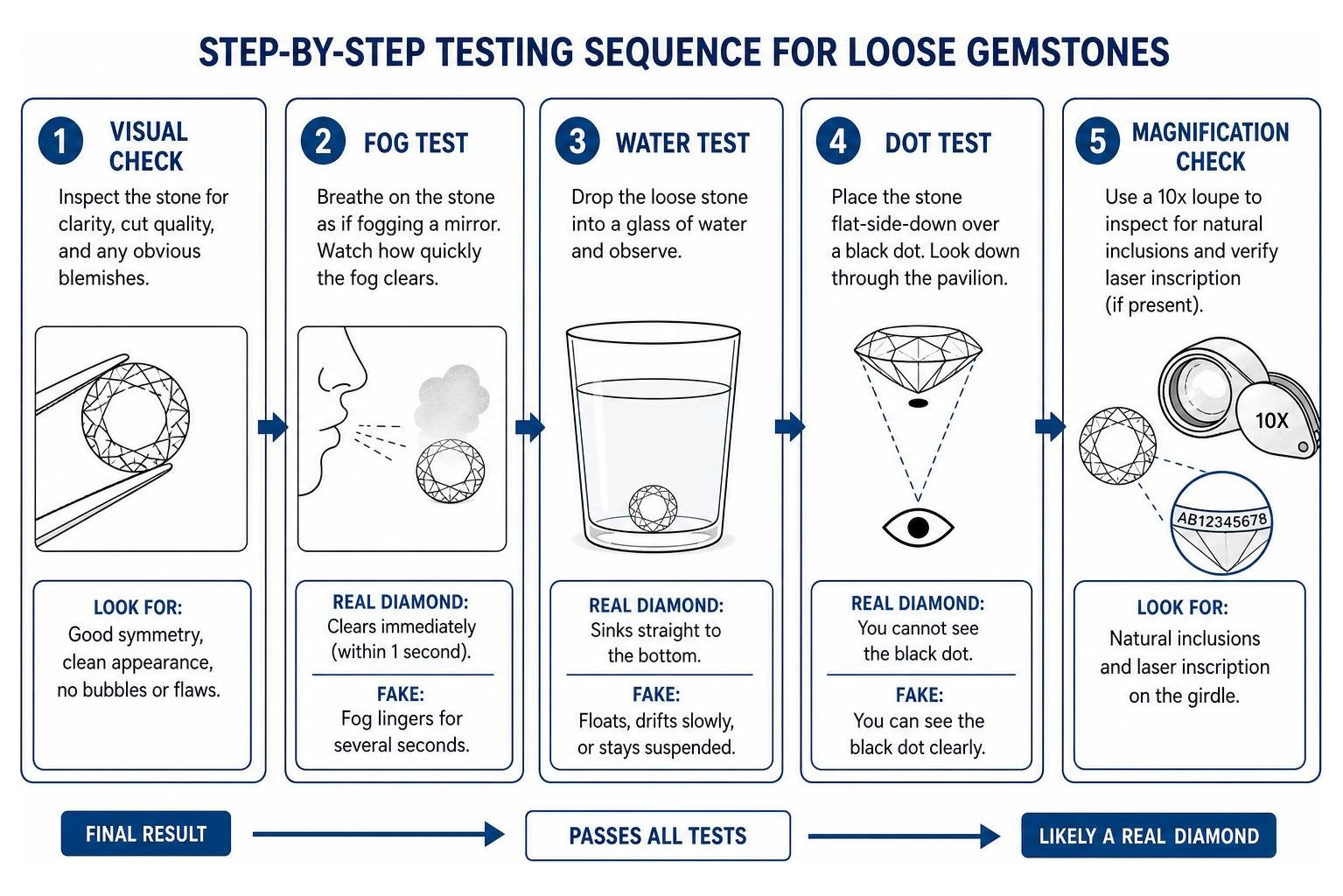 Step-by-step physical and visual testing sequence for loose gemstones