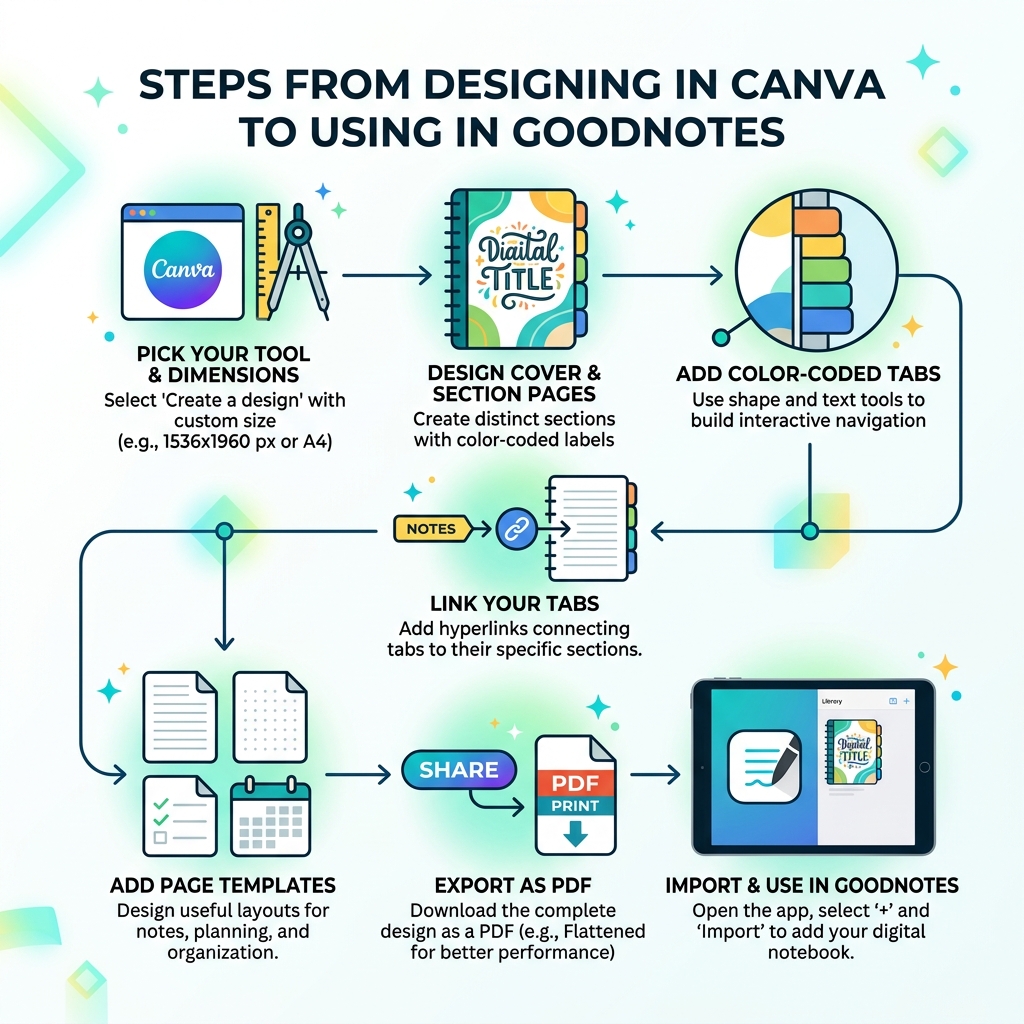 Steps from designing a digital notebook in Canva to importing and using it in GoodNotes - how to make a digital notebook