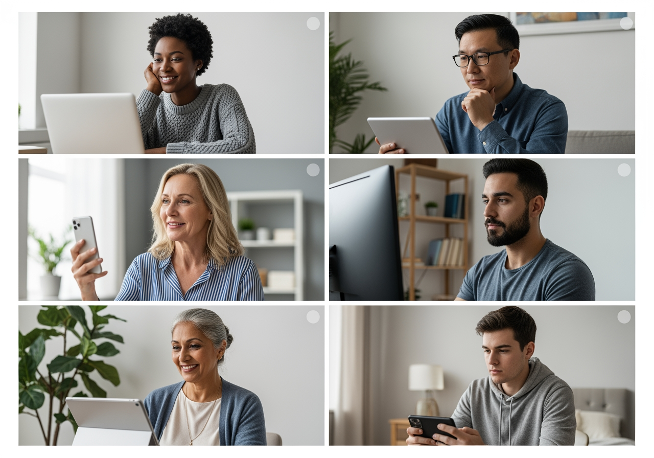 a diverse group of people connecting through various digital devices for a support group - drug rehab hawkins county tn