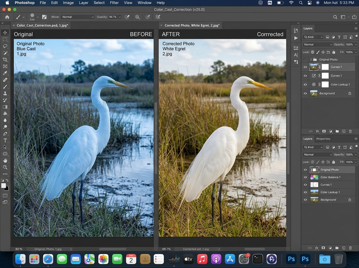 color cast correction on a white egret in Photoshop - bird photo editing in photoshop color cast correction on a white egret in Photoshop - bird photo editing in photoshop
