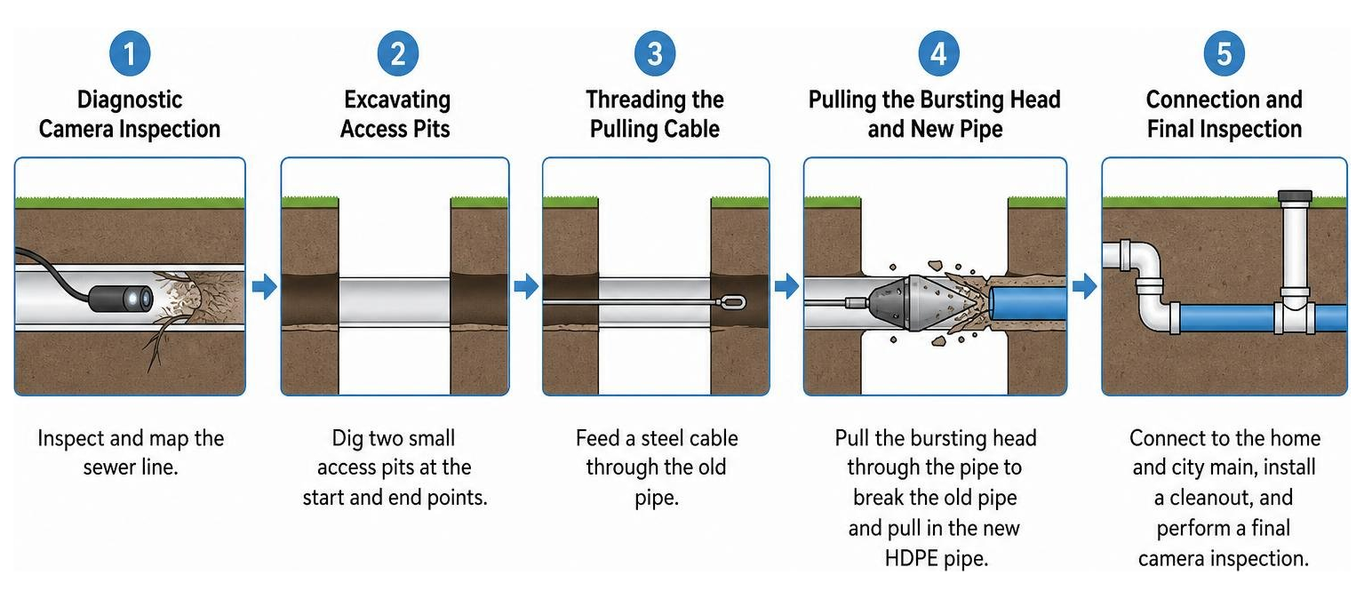 Diagram illustrating the steps of the trenchless pipe bursting process Diagram illustrating the steps of the trenchless pipe bursting process