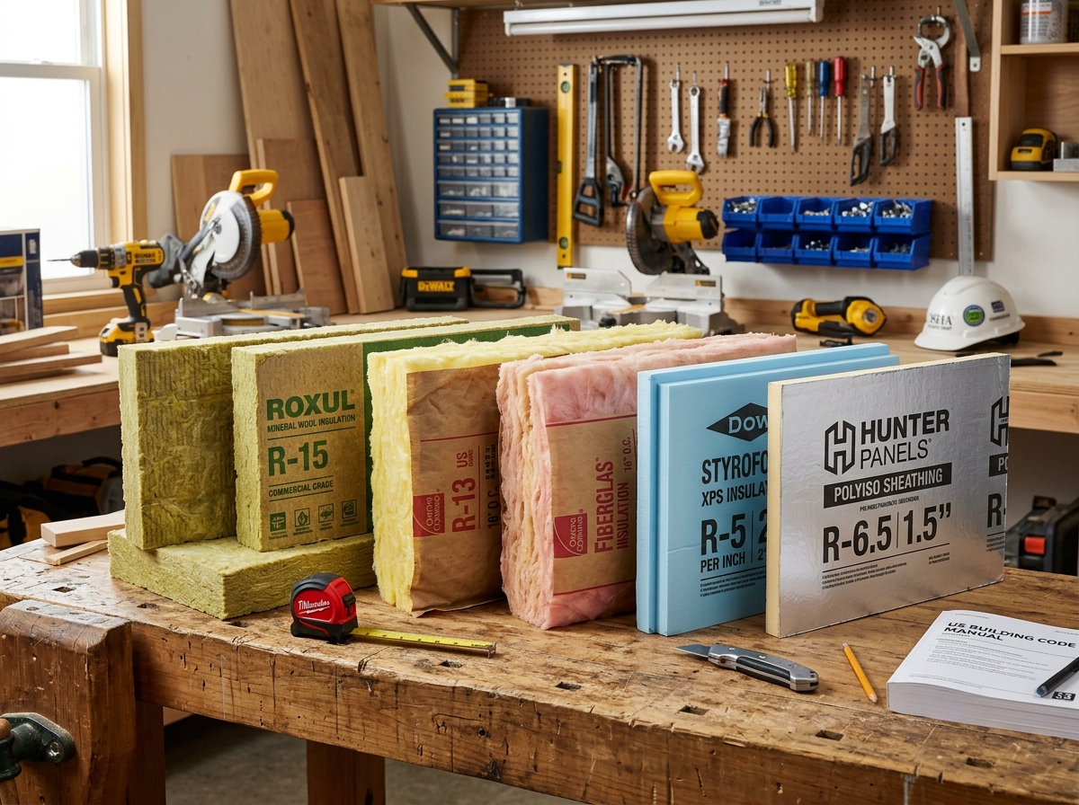 Various commercial insulation materials including mineral wool, fiberglass batts, and rigid foam boards - commercial