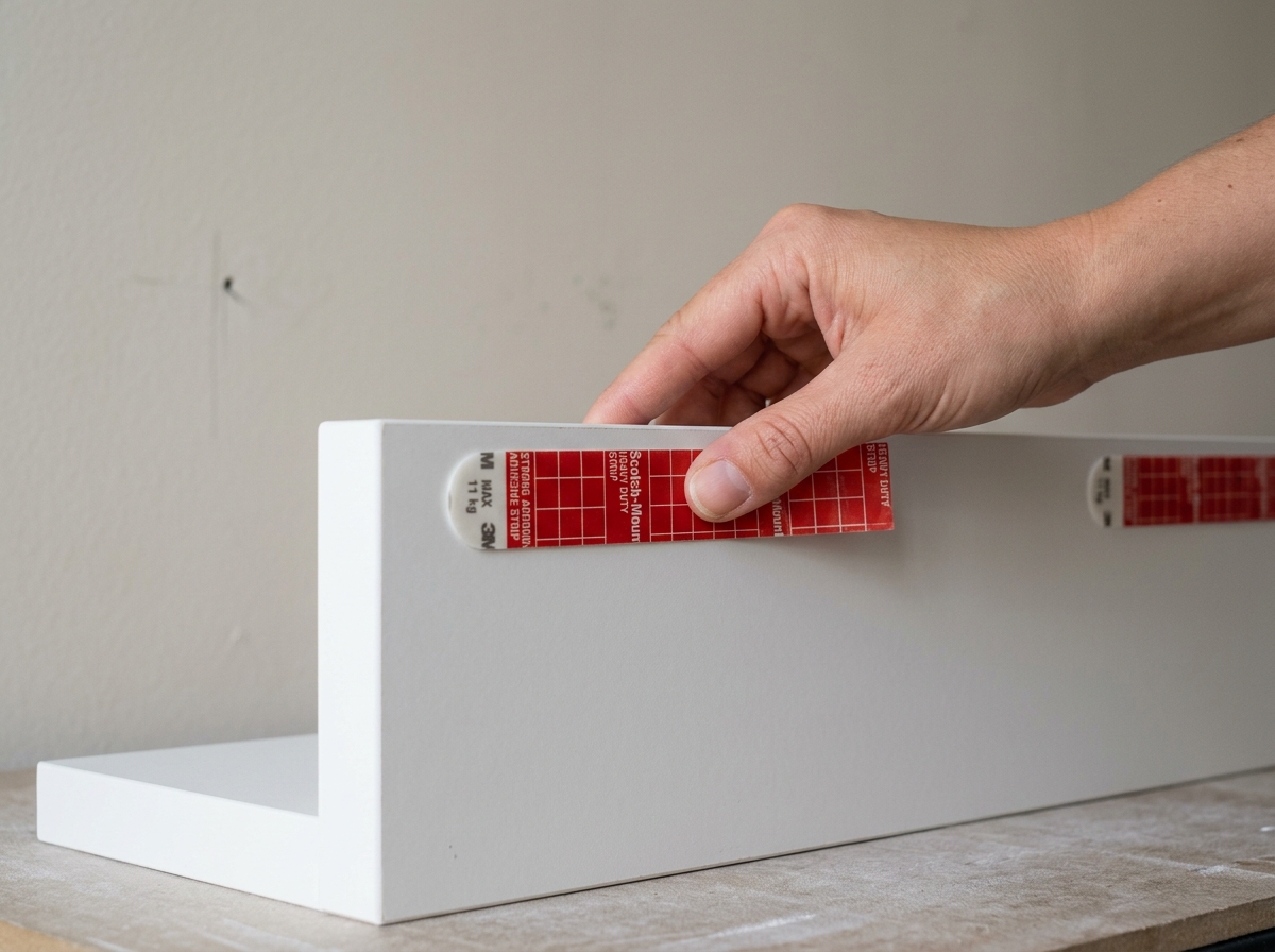 applying an adhesive strip to the back of a white floating shelf - no drill floating shelves
