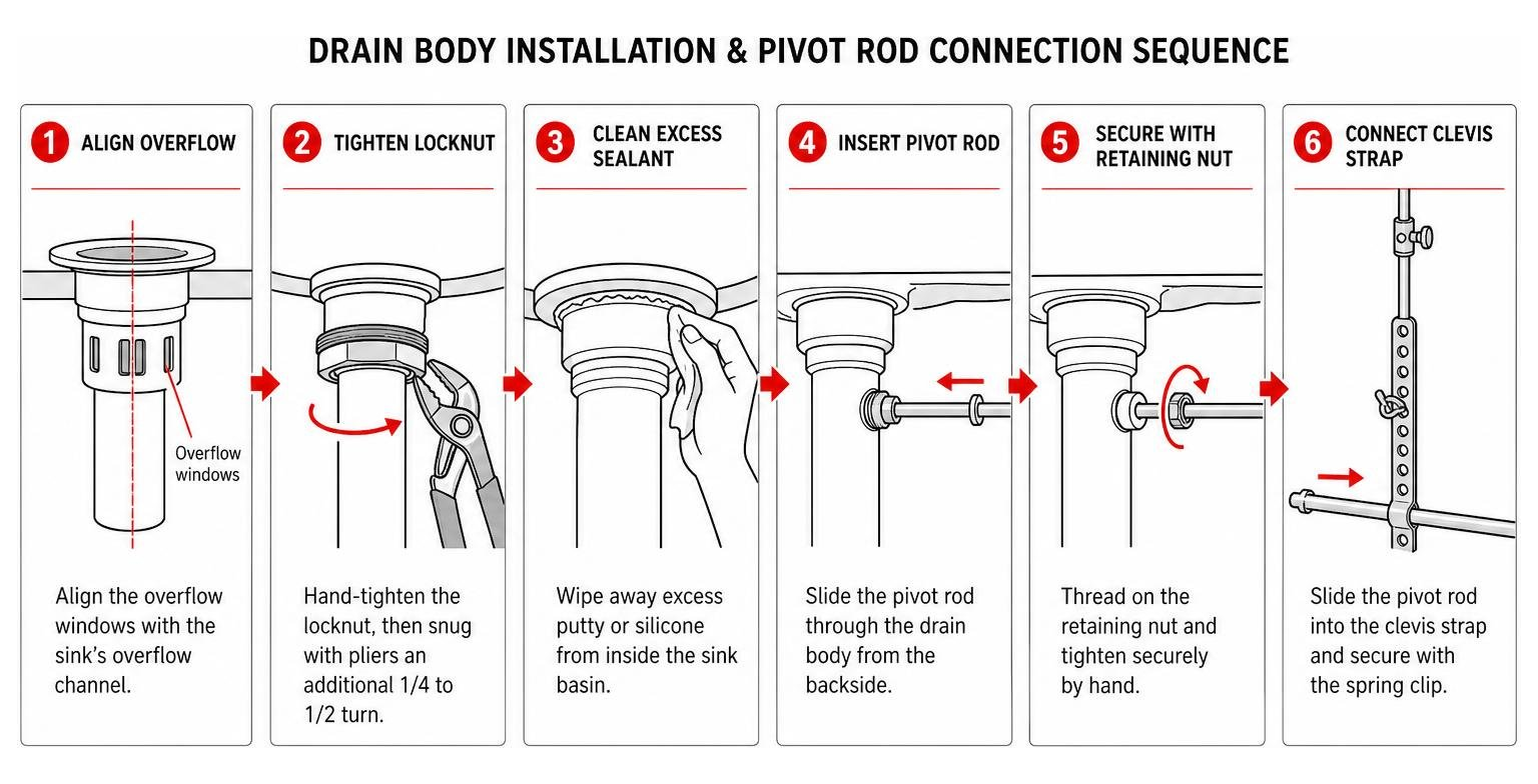 Diagram of the drain body installation and pivot rod connection sequence