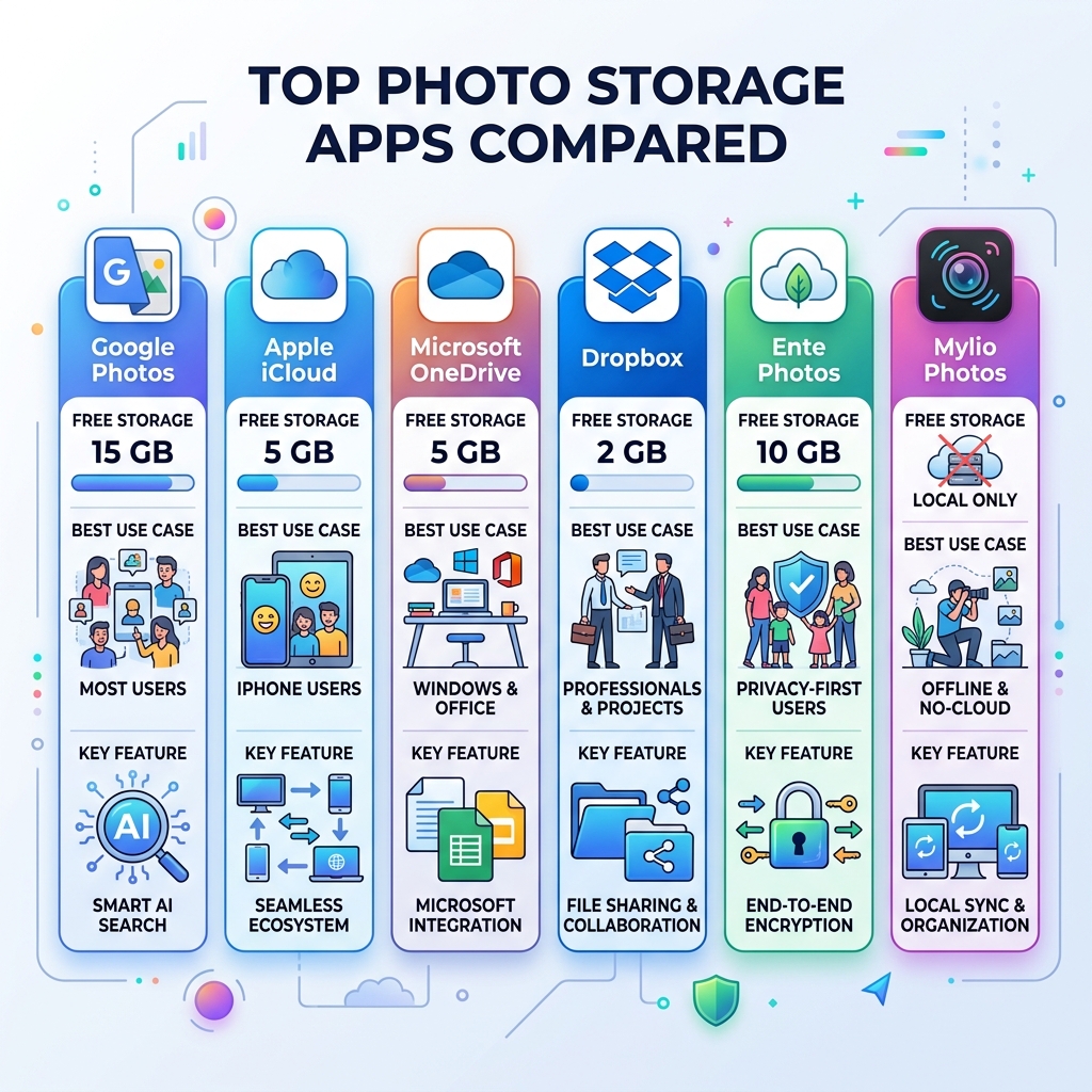 Infographic showing top photo storage apps compared by free storage, best use case, and key feature - best storage app for