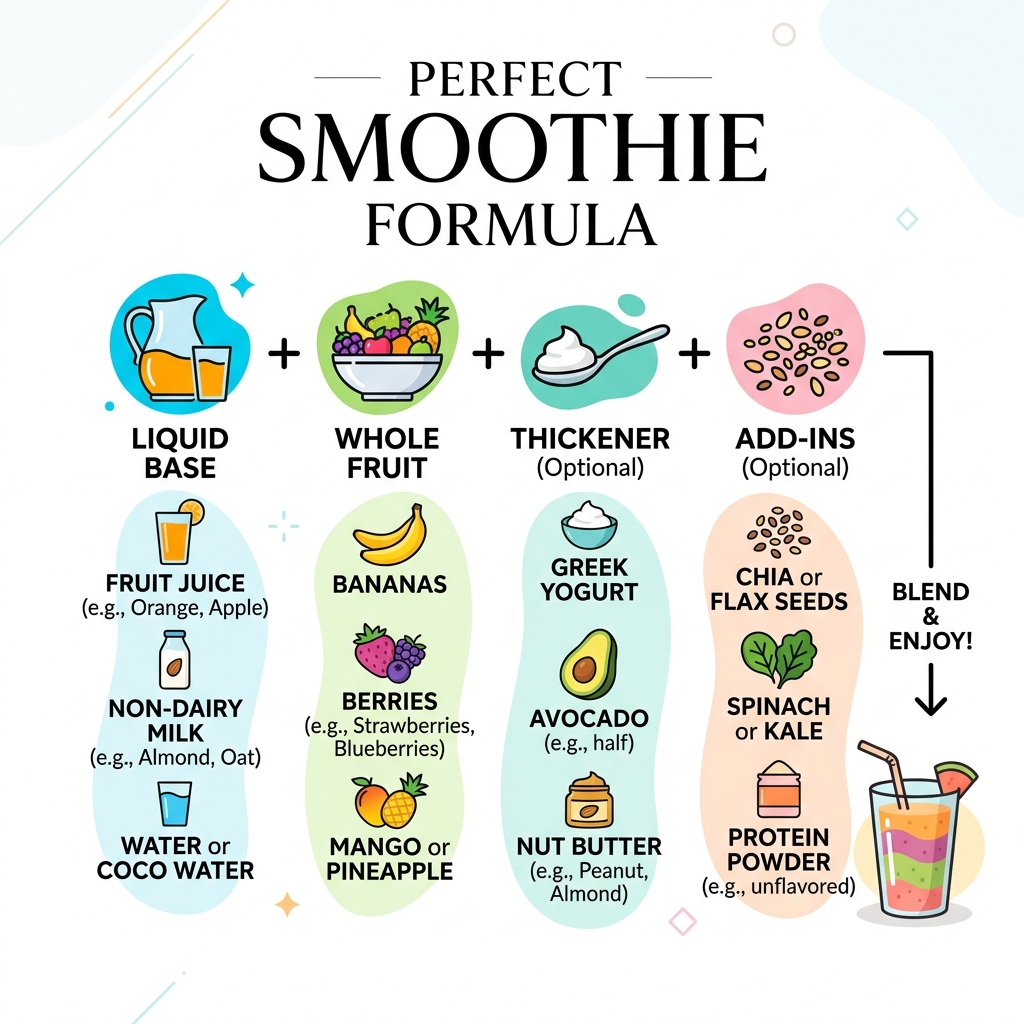 Smoothie Formula infographic: Liquid plus Fruit plus Thickener plus Add-ins with examples for each - juice whole fruit Smoothie Formula infographic: Liquid plus Fruit plus Thickener plus Add-ins with examples for each - juice whole fruit