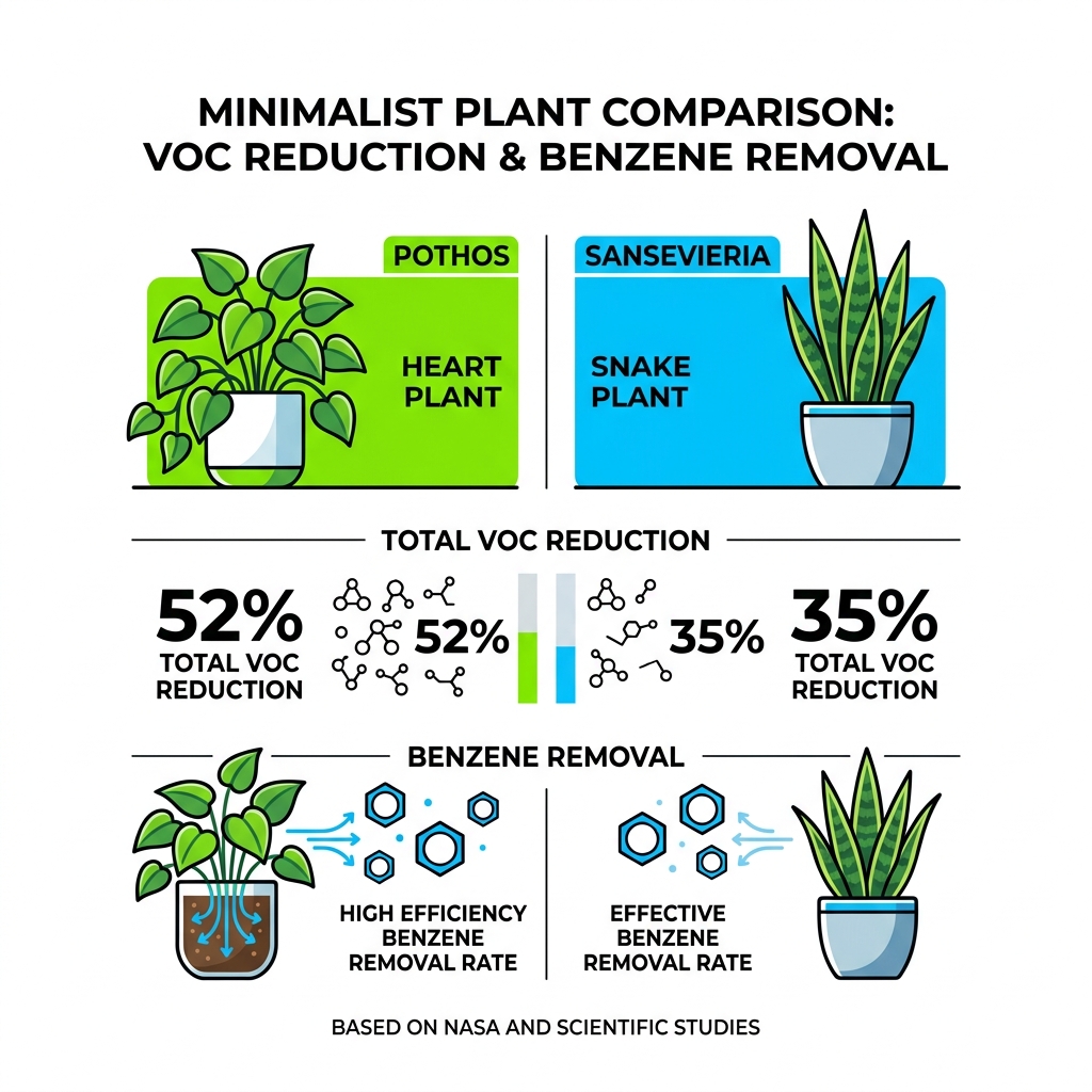 Table comparing Pothos (52% VOC reduction) vs Sansevieria (35% VOC reduction) and benzene removal rates - indoor air Table comparing Pothos (52% VOC reduction) vs Sansevieria (35% VOC reduction) and benzene removal rates - indoor air