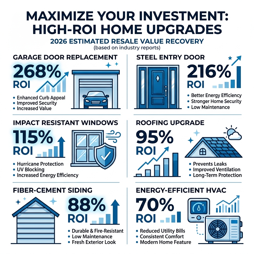 Infographic showing ROI percentages for various home upgrades - home building and upgrades infographic