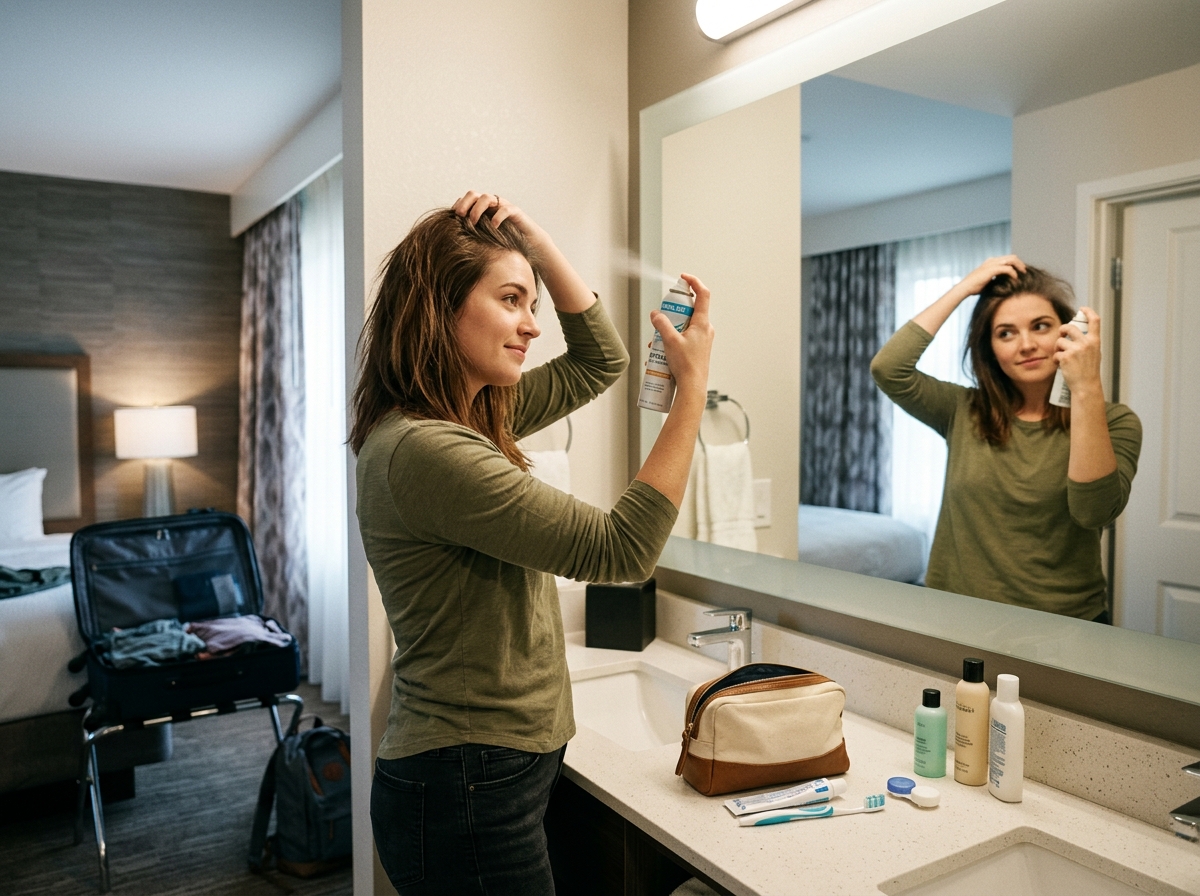 A traveler using dry shampoo to refresh hair in a hotel room - Travel size dry shampoo