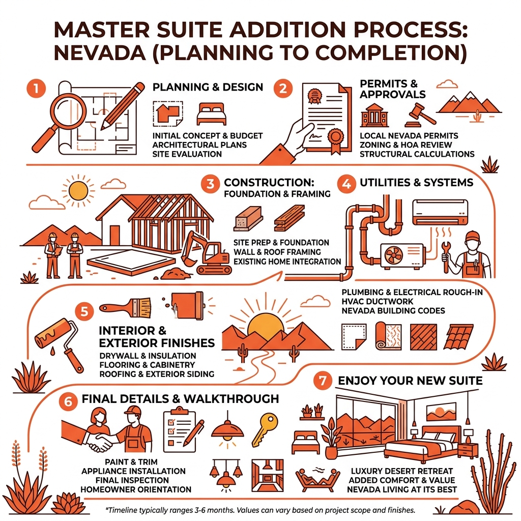 Step-by-step master suite addition process in Nevada from planning to completion - master bedroom addition nv infographic 