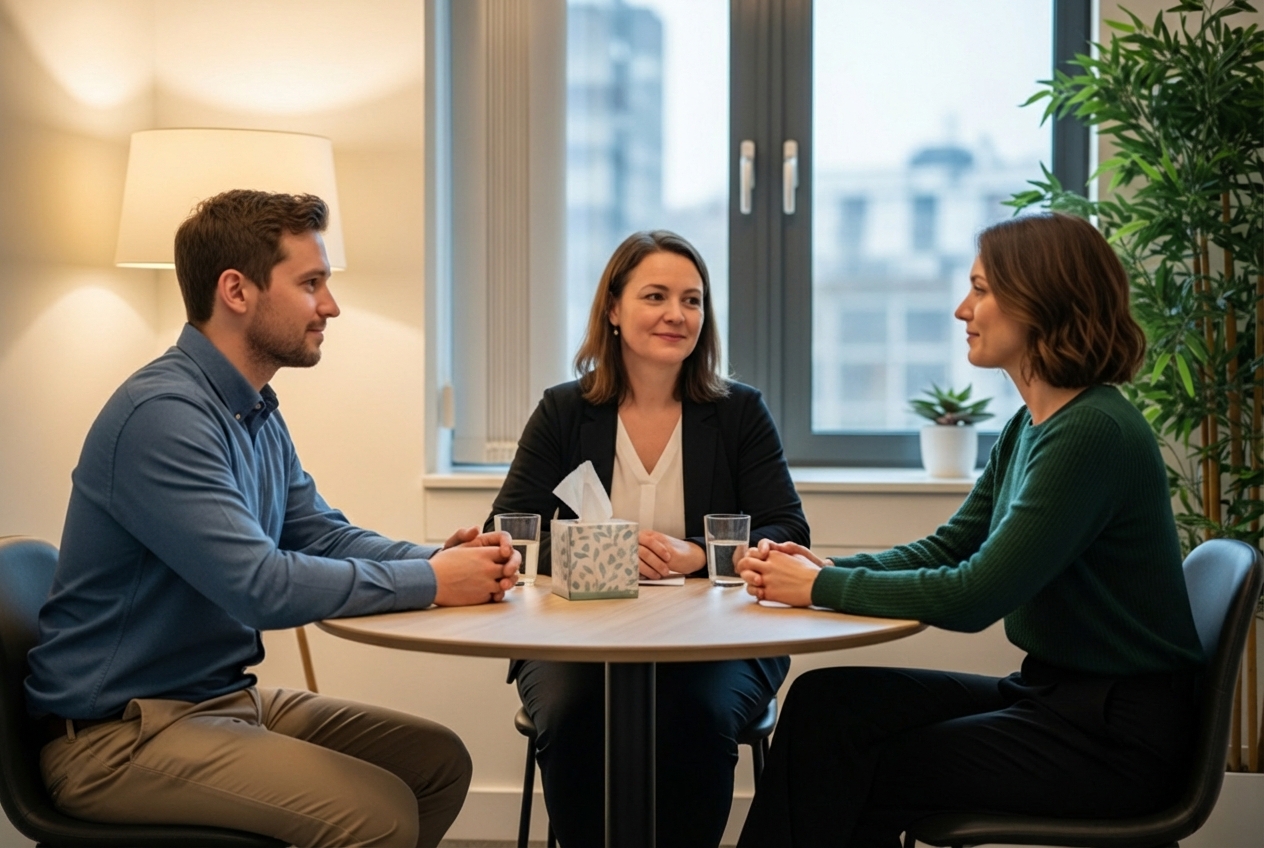 A therapist mediating between a couple in a calm office setting, promoting structured communication - therapy for divorcing couples A therapist mediating between a couple in a calm office setting, promoting structured communication - therapy for divorcing couples