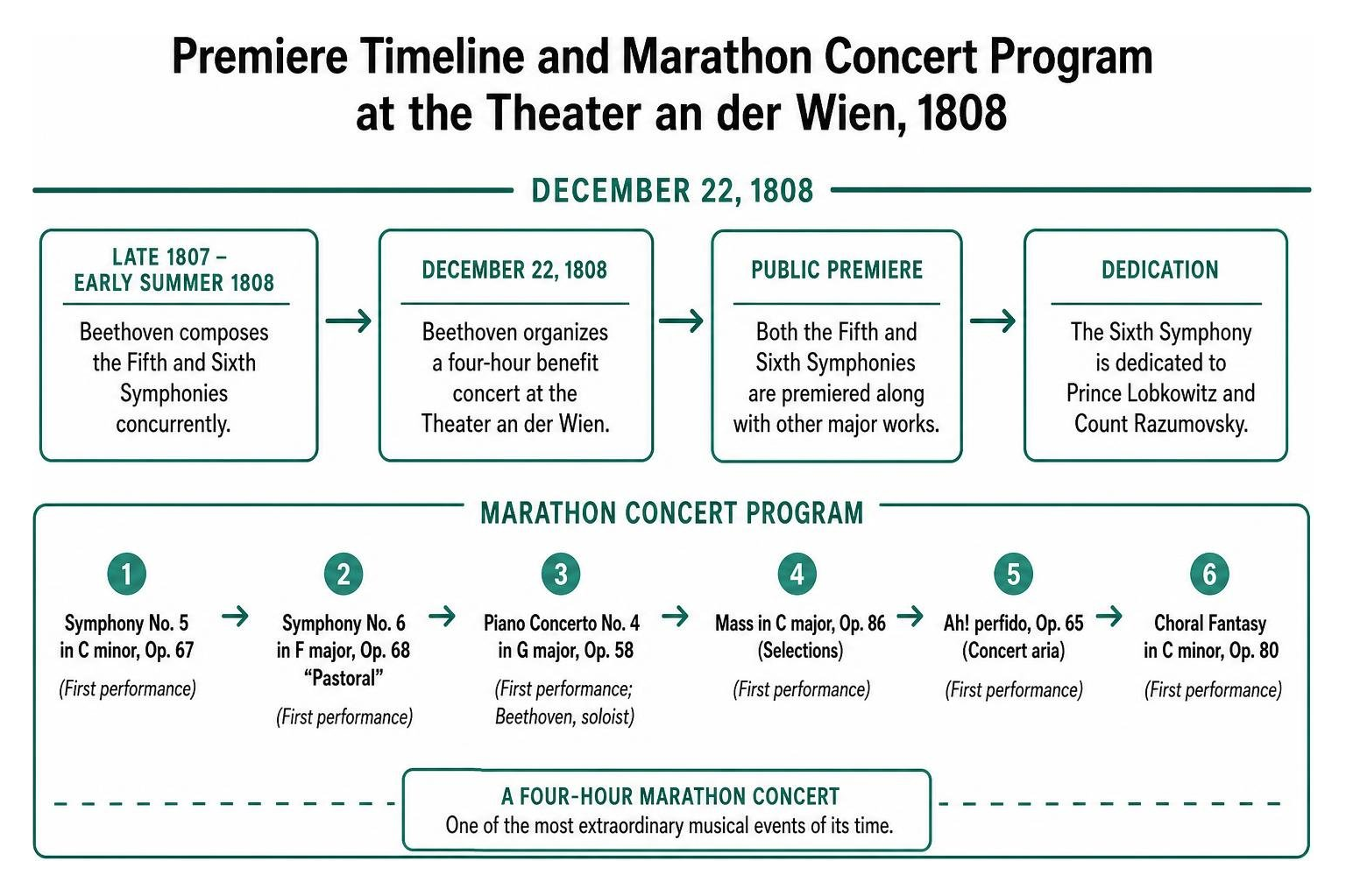 Premiere timeline and marathon concert program at the Theater an der Wien 1808