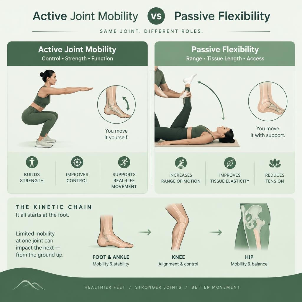 Comparison of active joint mobility versus passive flexibility infographic