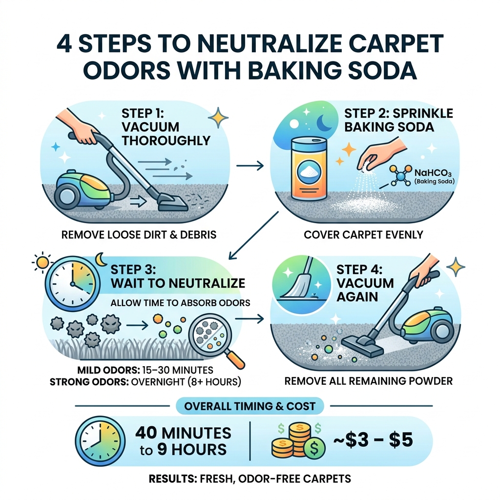 Infographic showing 4-step process of baking soda neutralizing carpet odors with timing and cost - baking soda carpet Infographic showing 4-step process of baking soda neutralizing carpet odors with timing and cost - baking soda carpet