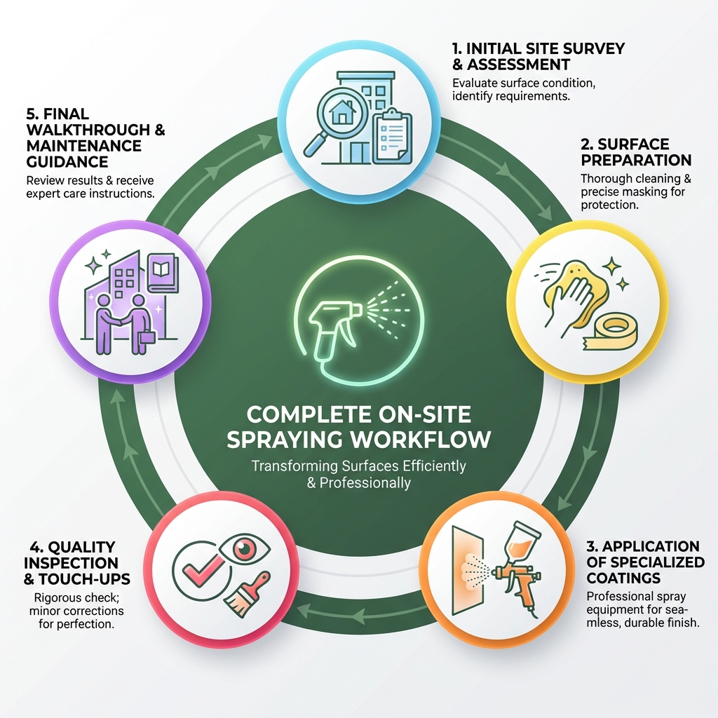 Infographic showing the complete on-site spraying workflow: 1. Initial site survey and assessment, 2. Surface preparation including cleaning and masking, 3. Application of specialized coatings using professional spray equipment, 4. Quality inspection and touch-ups, 5. Final walkthrough and maintenance guidance - on site spraying services infographic 