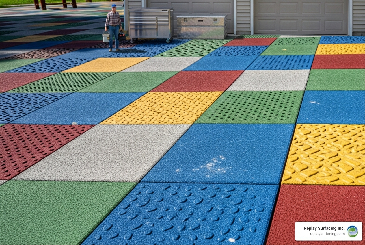 various rubber tiles showing different colors and textures - outdoor rubber playground mats price