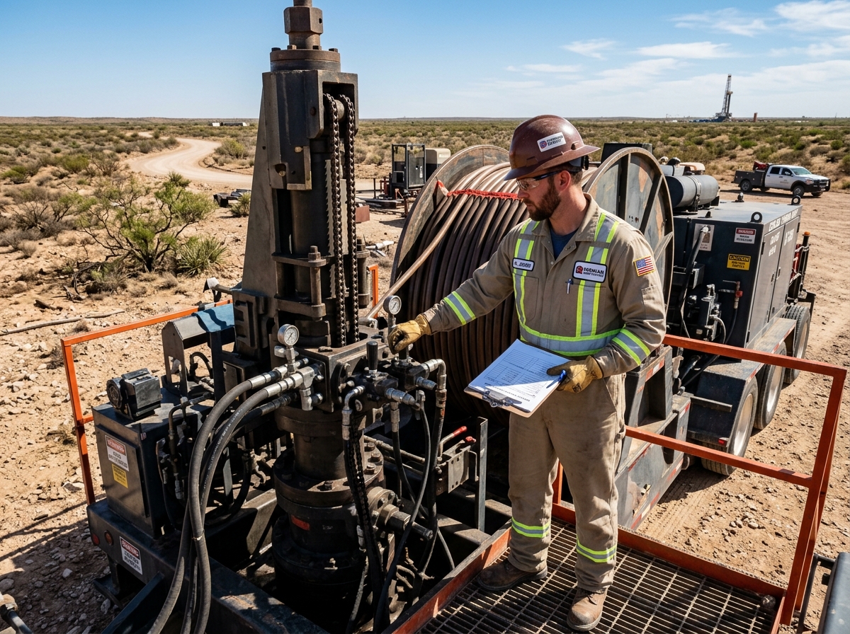 Operator performing a pre-trip inspection on a coiled tubing unit - coil tubing operator jobs