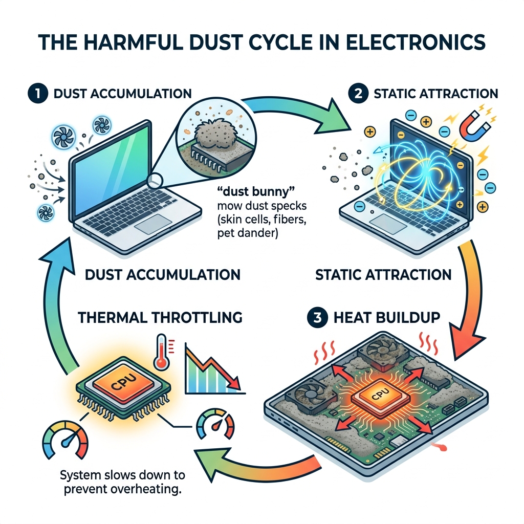 Infographic showing the cycle of dust accumulation, static attraction, heat buildup, and thermal throttling in electronics Infographic showing the cycle of dust accumulation, static attraction, heat buildup, and thermal throttling in electronics