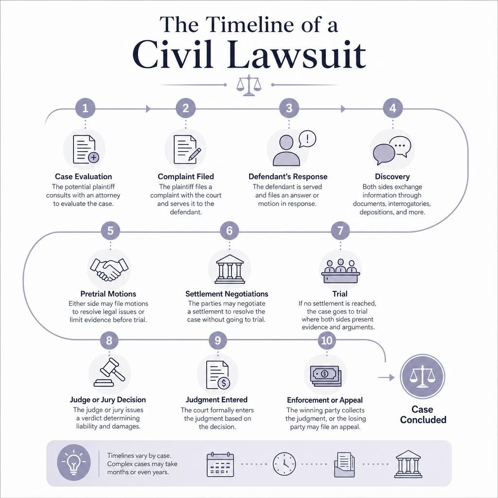Infographic explaining the timeline of a civil lawsuit infographic