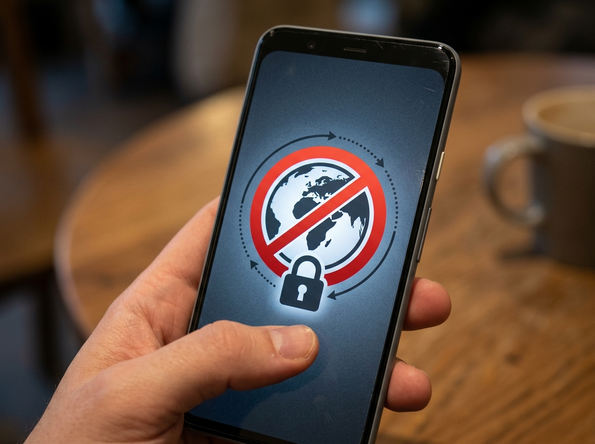 Smartphone screen showing a blocked app message due to regional restrictions - safe apk download sites