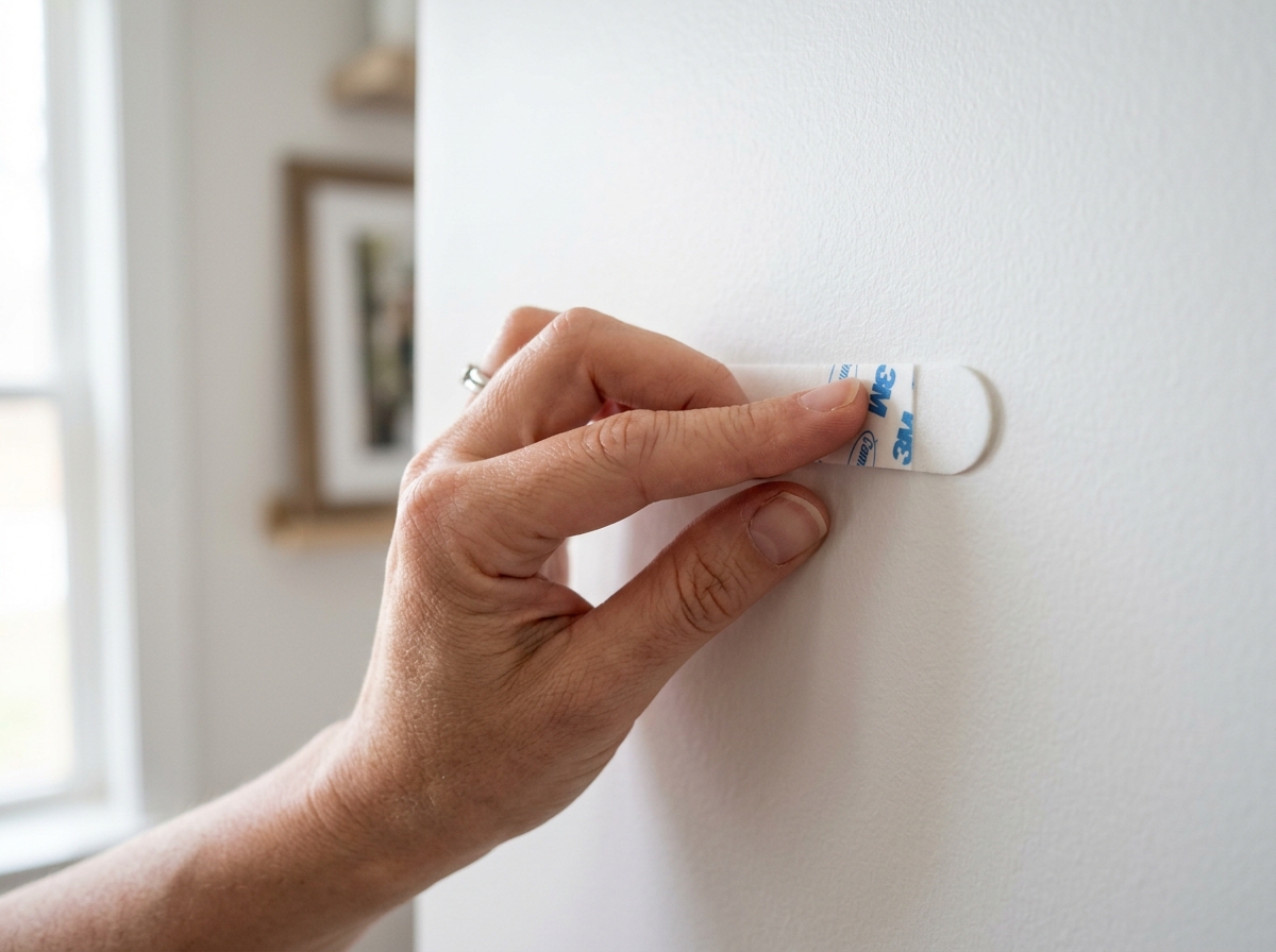 A close-up of a hand properly applying an adhesive strip to a clean wall surface - renter friendly wall organizers